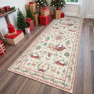 Christmas Runner Rug 2x6 Beige Non-Slip Washable Soft Festive Design with Christmas Tree & Santa Claus Motifs for Hallways Kitchen Entryway Bathroom Holiday Decor