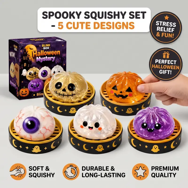 5PCS Halloween Squishy Toys Set, Cute Pumpkin Sensory Stress Relief Fidget Toys, Soft Slow Rising Squeeze Toys for Kids Adults, Spooky Party Favors Halloween Gifts