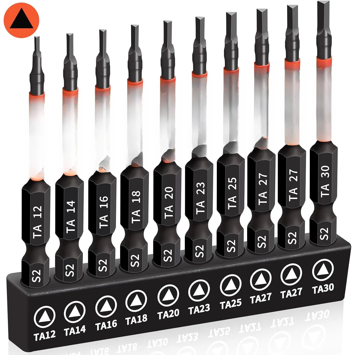 10-Pack Triangle  Set -  S2 Steel Triangle Bit Set (2.56" Long Magnetic Head) 1/4 Hex-Shank, Sizes: TA12, TA14, TA16, TA18, TA20, TA23, TA25, TA27 (x2), TA30, Professional & DIY Use