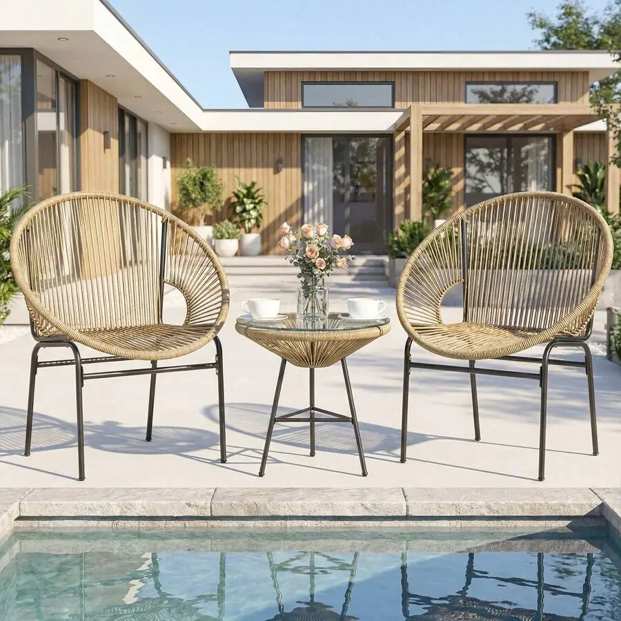 Sturdy 3-Piece Outdoor Patio Set - Ergonomic Curved-Arm Acapulco Chairs, Tempered Glass Round Table with Suction Cups, Sun-Protective Padded Adjustable Toddler Bean Bag (400 lbs Chair Cap, 99 lbs Table Cap) for Front Porch, Gardens, Backyard