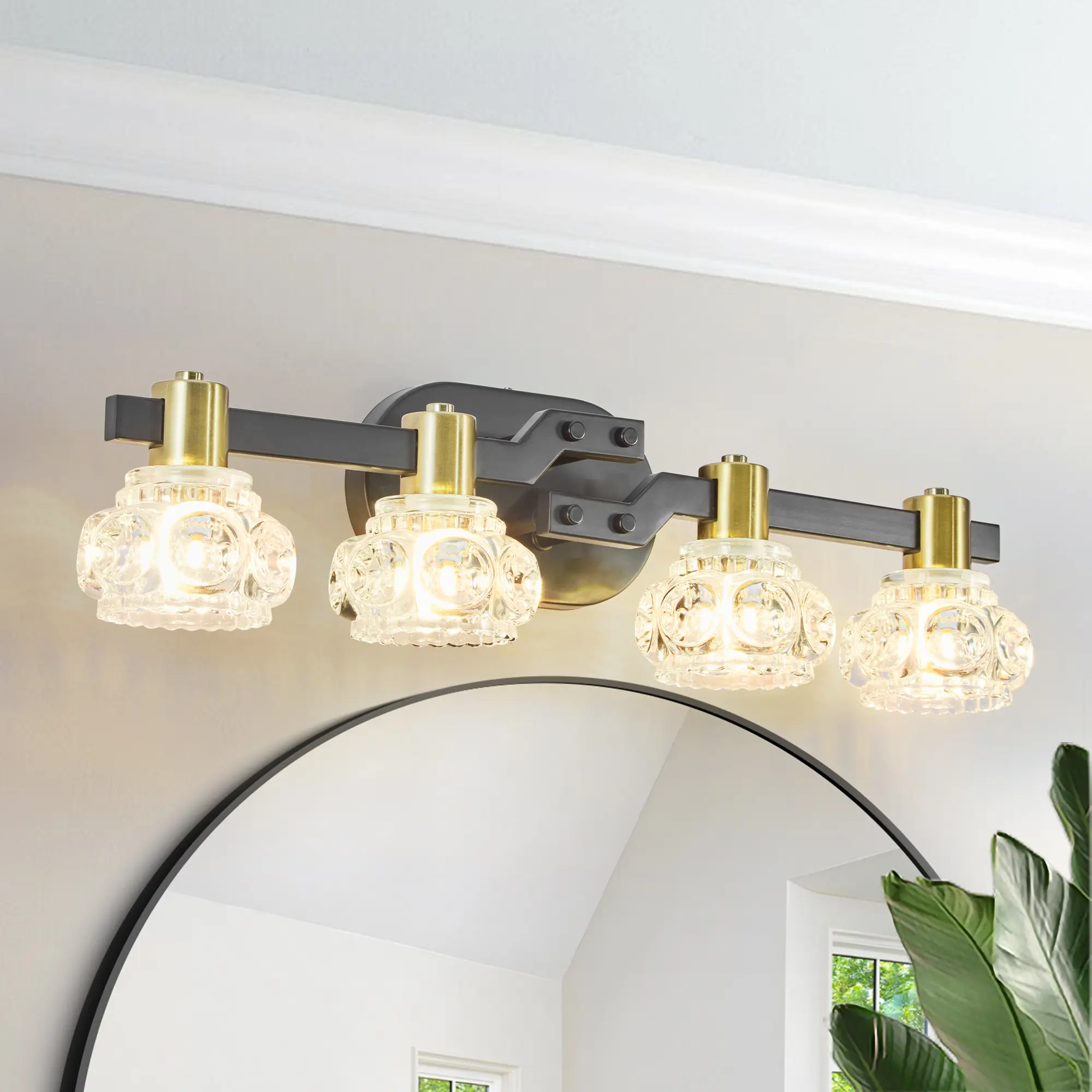 Matte Black & Brushed Brass Gold 4-Light Textured Modern Farmhouse Crystal Bathroom Vanity Sconce, Anti-Corrosion Adjustable Foldable Arm G9 Base Indoor Wall Fixture for Vanity Setup, Powder Room, Mirror Illumination (Refracts Soft Layered Glow), Bathroom