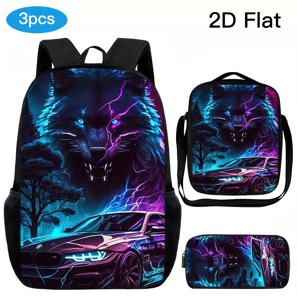 3pcs Unisex Large-Capacity Backpack Set, Trendy Cool Sci-Fi Style with Neon Sports Car and Wolf Pattern, 2D Printed Design, Adjustable Shoulder Straps, Zipper Closure, Multi-Functional Portable Fashionable Backpack, Crossbody Bag, and Pencil Case