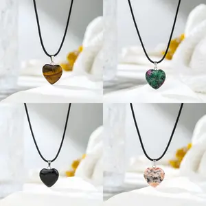 Heart-Shaped Gemstone Pendant Necklace Set - 4 Pieces 44-49cm,Tiger's Eye Bloodstone Obsidian & Pink Granite Natural Stones for Nature Lovers Unisex Jewelry Healing Crystal
