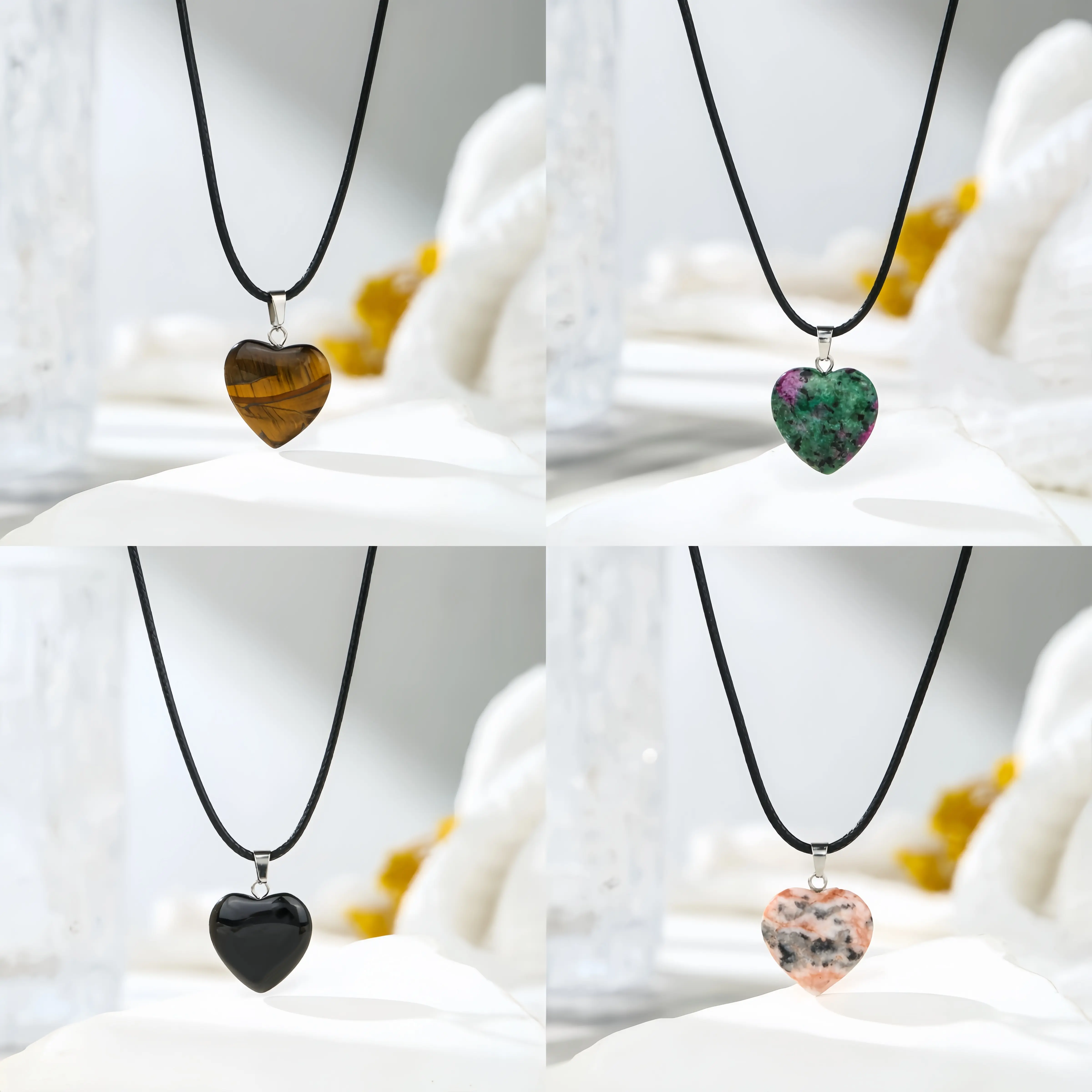 Heart-Shaped Gemstone Pendant Necklace Set - 4 Pieces 44-49cm,Tiger's Eye Bloodstone Obsidian & Pink Granite Natural Stones for Nature Lovers Unisex Jewelry Healing Crystal
