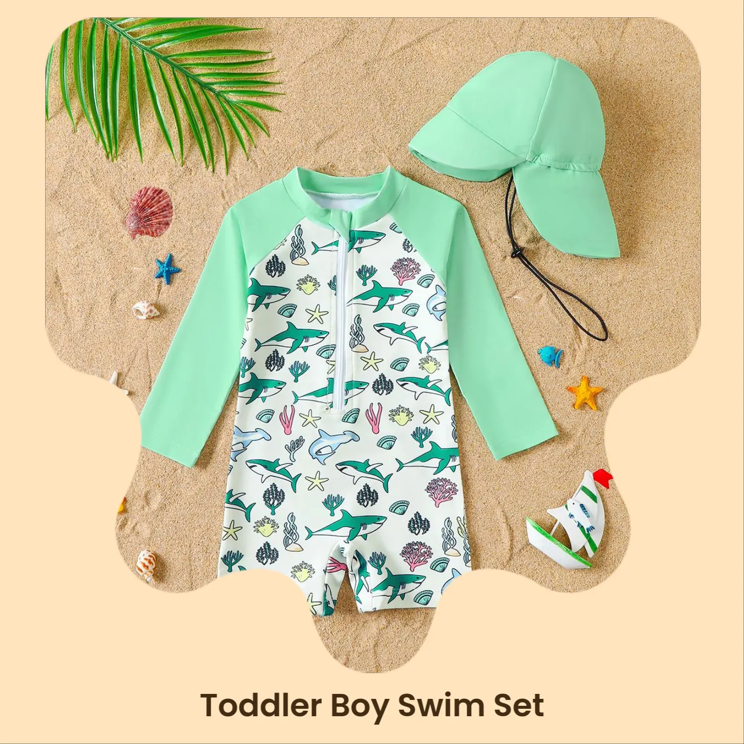 Boys' Baby & Toddler 1-Piece Long-Sleeve Sun Protection Rash Guard Swimsuit Set with Quick-Dry Hat