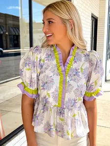 Womens Lavender Floral Peplum Blouse Puff Sleeve Ruffle V Neck Spring Top Cute Easter Brunch Outfit Casual Chic Shirt for Mothers Day Garden Party Outfit