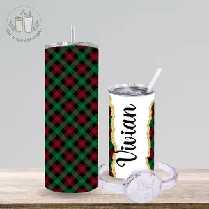Personalized Red & Green Plaid Cup Custom Christmas Name Cup Holiday Buffalo Check Tumbler Water Bottle Sippy Cup or Can Cooler Gold Faux Glitter Accent Matching Family Cups christmas tumbler gift