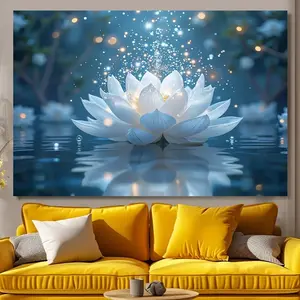 1pc Crystal Lotus Tapestry - Vibrant Blue & White Lotus Flower with Sparkling Lights, Polyester Wall Hanging for Living Room, Bedroom, Office Decor, Party Backdrop, Bedroom Decoration |     Serene Room Accent |     Detailed Petal Design, Lotus Flower Deco