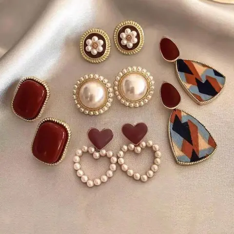 Faux Pearl Decor Flower & Geometric & Heart Design Earrings Set, Earring Stacks, Fashion Jewelry for Party, Daily Clothing Decor, Trendy All-match & Exquisite Jewelry for Birthday Gift, Fashionable Jewelry Accessories