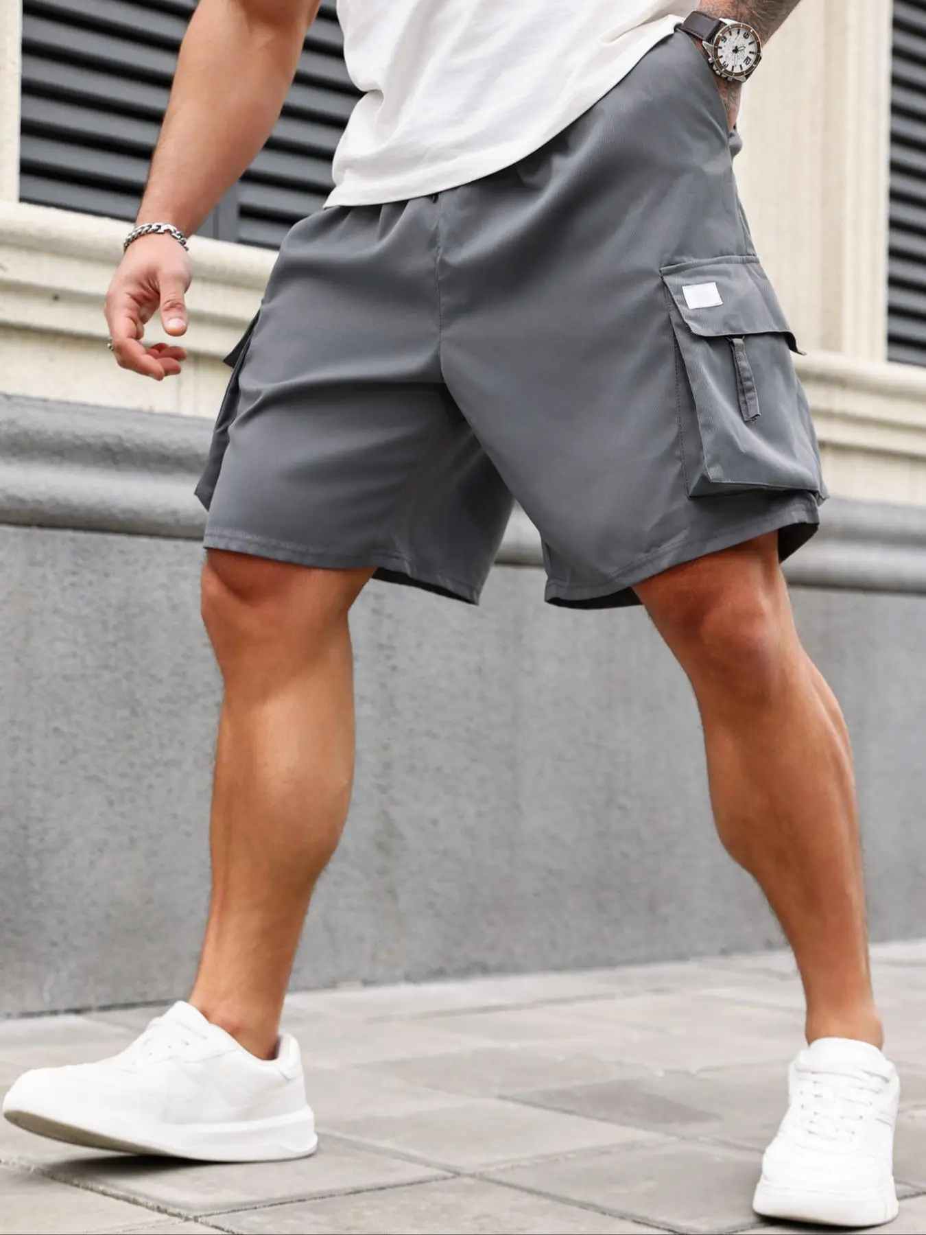 Men's Plus Size Plain Patched Pocket Cargo Shorts, Regular Fit Casual Drawstring Elastic Waist Shorts for Daily Wear, Shorts for Men, Classic Men's Pl
