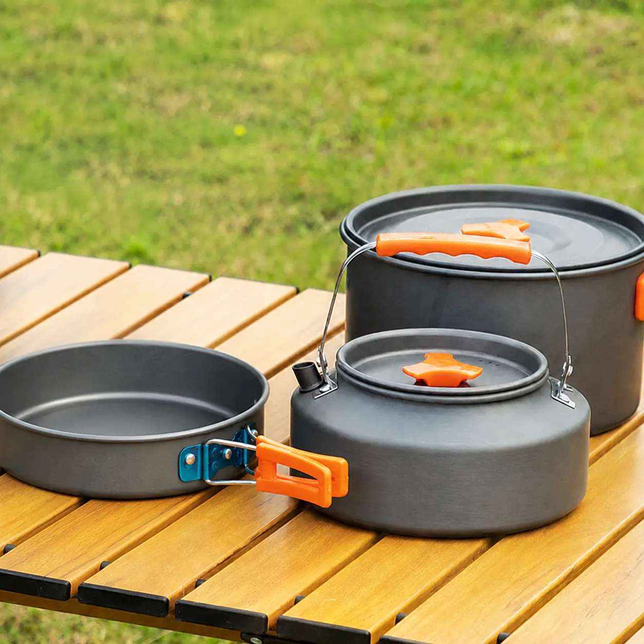 Camping Cookware Pots and Pans Set - Lightweight Portable Kit with Kettle, Non-Stick Mess Kit, Folding Heat-Resistant Handles, Shovel, Compact Nesting Gear for Backpacking Camping Survival (1-2 People)