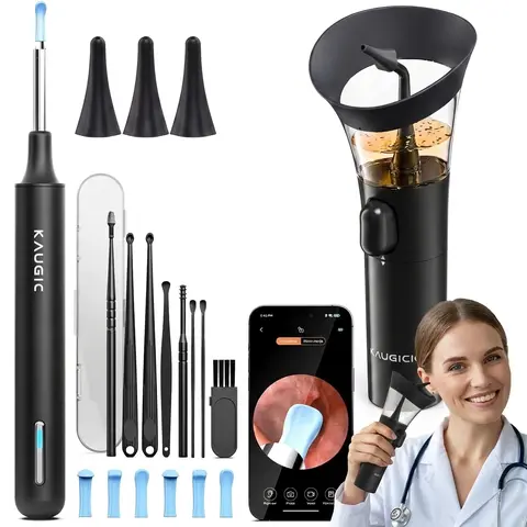 KAUGIC Ear Wax Removal Kit - Manual Ergonomically Contoured Reusable Tools, Gentle Stream Flush Irrigation Device for Effortless Cleaning