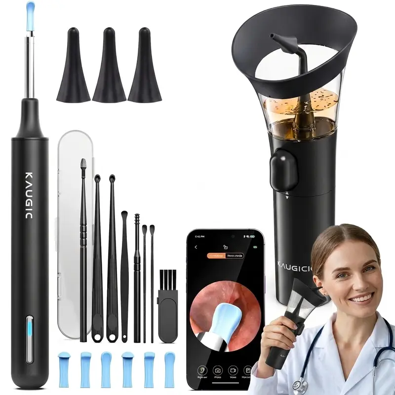 KAUGIC Ear Wax Removal Kit - Manual Ergonomically Contoured Reusable Tools, Gentle Stream Flush Irrigation Device for Effortless Cleaning