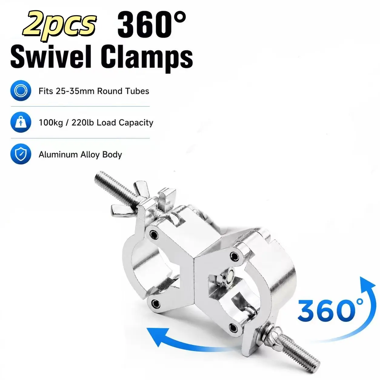 2 pcs Aluminum 360° Swivel Pipe Clamp, Adjustable 25-35mm Round Tube Clamp, Heavy Duty Stage Light Truss Coupler for DJ Light Stand, Photography Rig, 100kg Load, Silver