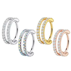 Titanium Double Hoop Micro Gem Hinged Nose Ring Horseshoe
