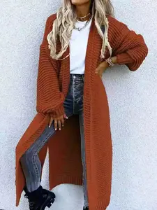 Crew Neck Knit Top, Color Drop Shoulder Split Hem Long Cardigan, Casual Sleeve Open Front Knitwear for Fall & Winter, Fashion Knit Clothing Daily Wear Cozy Women Bohemian Comfortable