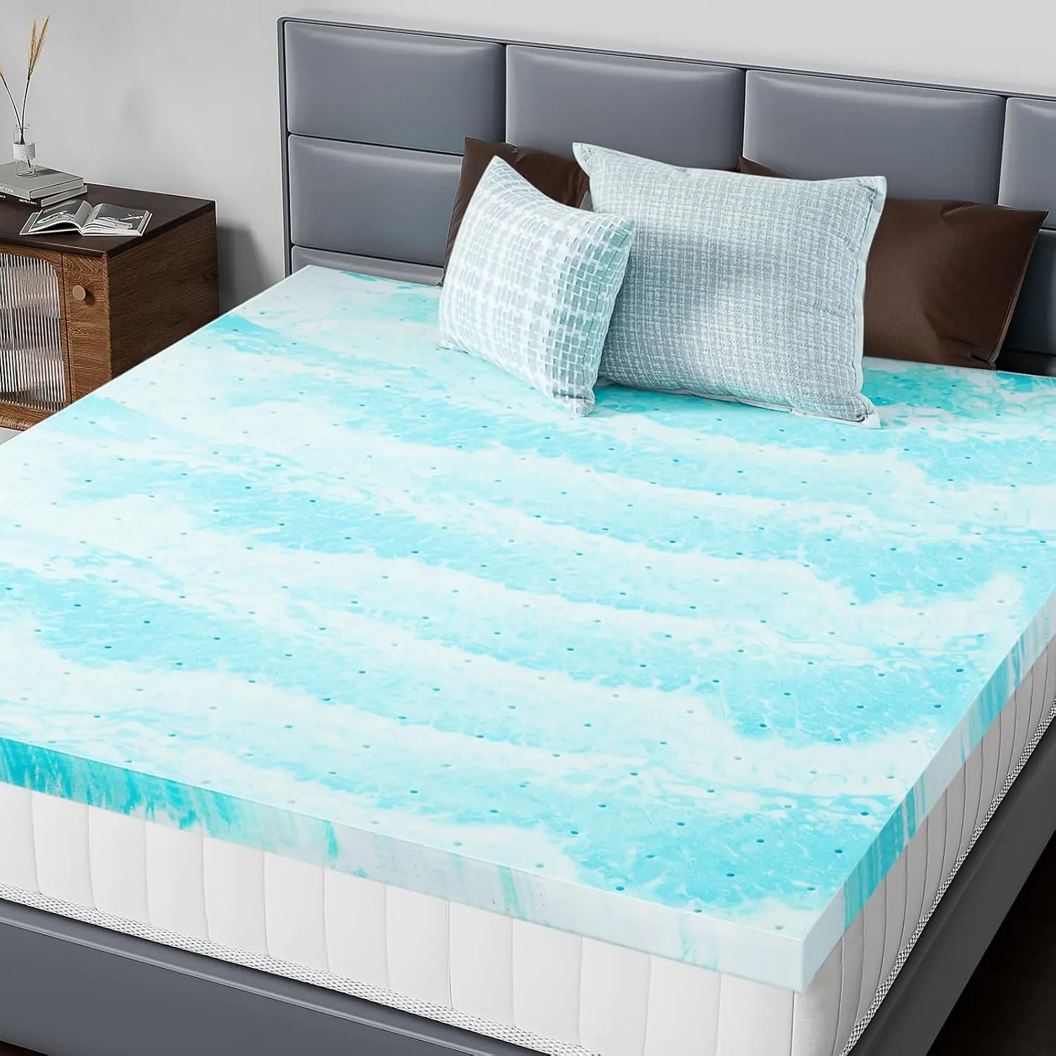 Cool Gel Infused Memory Foam Mattress Topper, King Size 3-Inch Thick Breathable Bed Pad, CertiPUR-US Certified Soft Comfy Padding for Couch, RV Camper Bed, Blue
