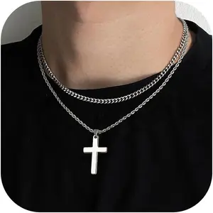 Cross Necklace for Men - Layered Cross Chain Stainless Steel Crucifix Pendant  Black  16-24 Inch - Snake Rope Cuban Link -  Box Included