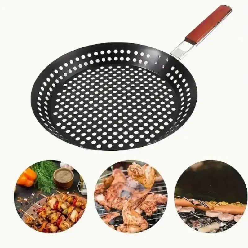 Non-Stick Grill Pan Pizza Tray (12 Inch), Perfect for Grilling Baking, Frying Indian Flatbreads, Cooking Vegetables & Seafood, Detachable Heat-Resistant Handle, Stainless Steel, Kitchenware