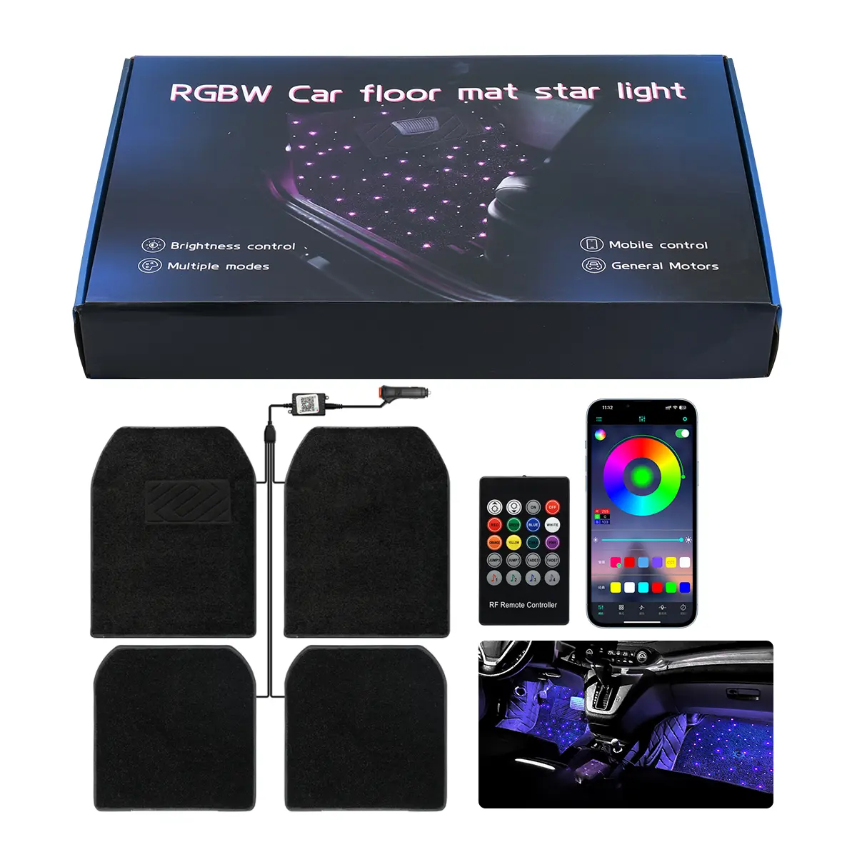 Starlight Floor Mats for Car - Universal Fit, Starlight LED Floor Mats App Control, Waterproof Washable Creates A Romantic Atmosphere for Dates - USB Cable,LED Car Ambient Light，Cool Car Stuff for Women