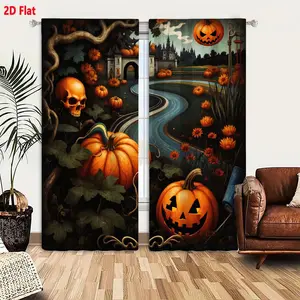 2D Flat Halloween Theme Curtain 2-Piece Set, Gothic Castle River Scenery with Pumpkins Orange Flowers Twisted Vines Skull Jack-o'-lanterns, Spooky Playful Autumn Halloween Decor for Living Room Bedroom