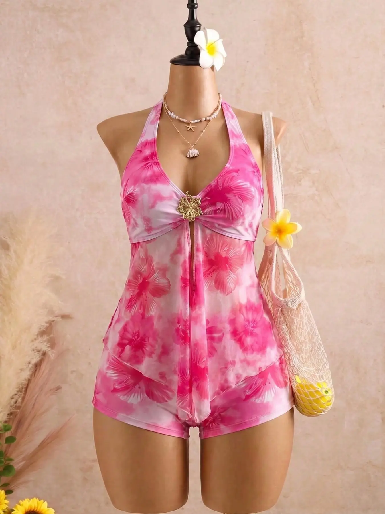 Gradient Hibiscus Halter Neck V-Neck Metal Buckle Mesh Skirt Bottom Split Swimwear Tankini Suit Two-Piece Set, Stylish Tankini Beachwear