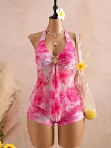 Gradient Hibiscus Halter Neck V-Neck Metal Buckle Mesh Skirt Bottom Split Swimwear Two-Piece Set, Stylish Beach Wear