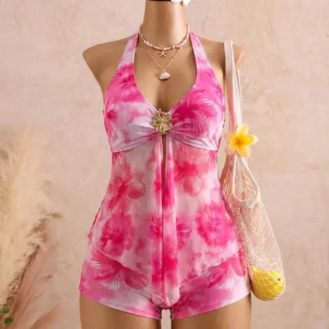 Gradient Hibiscus Halter Neck V-Neck Metal Buckle Mesh Skirt Bottom Split Swimwear Tankini Suit Two-Piece Set, Stylish Tankini Beachwear, Tankini Swimsuit Set
