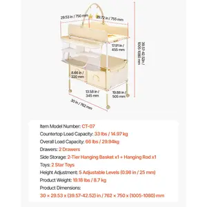 VEVOR Baby Changing Table, Foldable Diaper Change Station with 2 Fabric Drawers, Side Basket Hanging Rod, Adjustable Height Portable Changing Table with Lockable Wheels 2 Star Toys, Light Beige