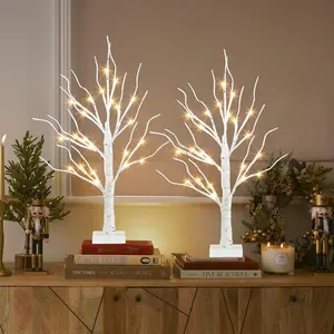 Lighted Birch Tree Christmas Decorations for Home, White Birch Tree with Lights, 24 LED Lighted Mini Money Tree Twig Tree Battery Operated with Timer, Indoor Table Centerpiece Decor (2FT)