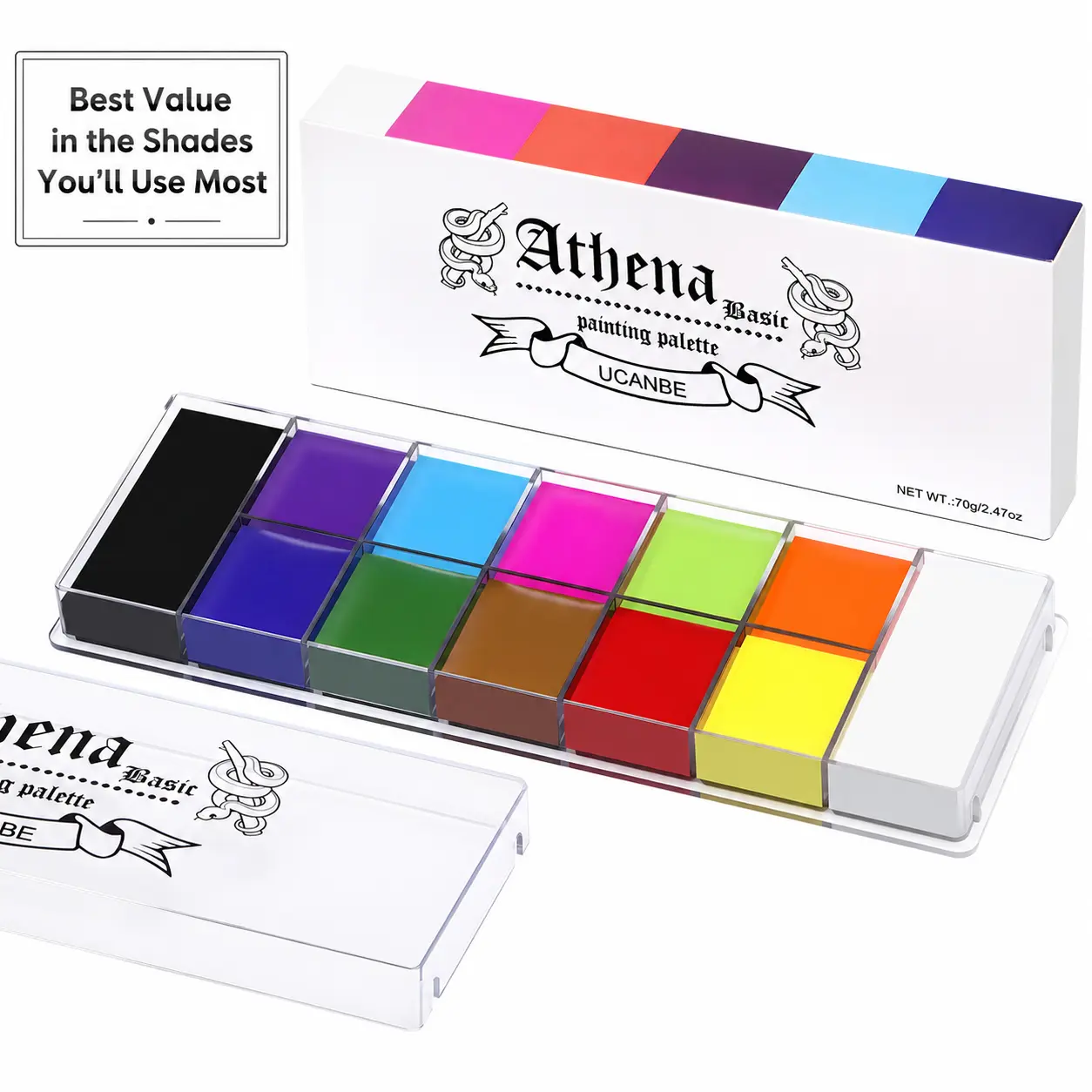 UCANBE Athena Basic 12-Color Oily Face & Body Paint Palette, Large Black & White Professional Kit for Halloween, SFX, Stage Performances & Costume Party High-Pigment Makeup