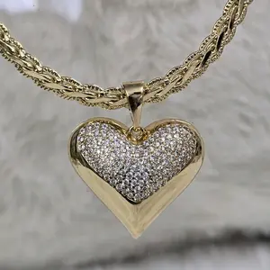 # 0202 Gargantilla Trenzada with Heart Pendant Adiamantado Gold Plated 14k High Quality Size 16