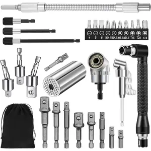 31 Pcs Flexible Drill Bit Extension Set,105 °   Right Angle Drill Attachment, 1/2 3/8 1/4 inch Universal Hex Socket Adapter, Rotatable Socket Wrench Tools, Drill Bit Holder Screwdriver with Box