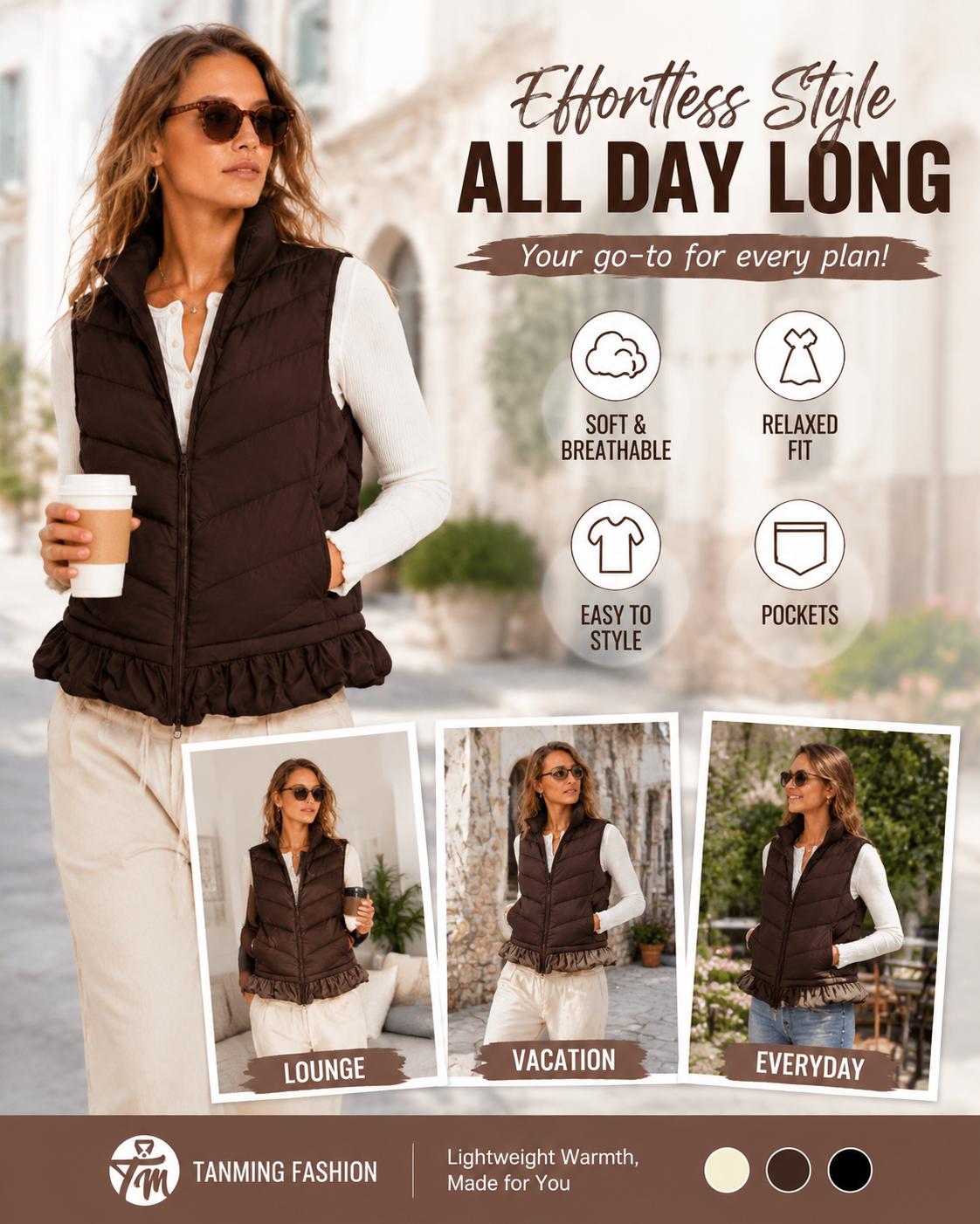 Product detail overview of Women's Ruffle-Trimmed Sleeveless Puffer Vest