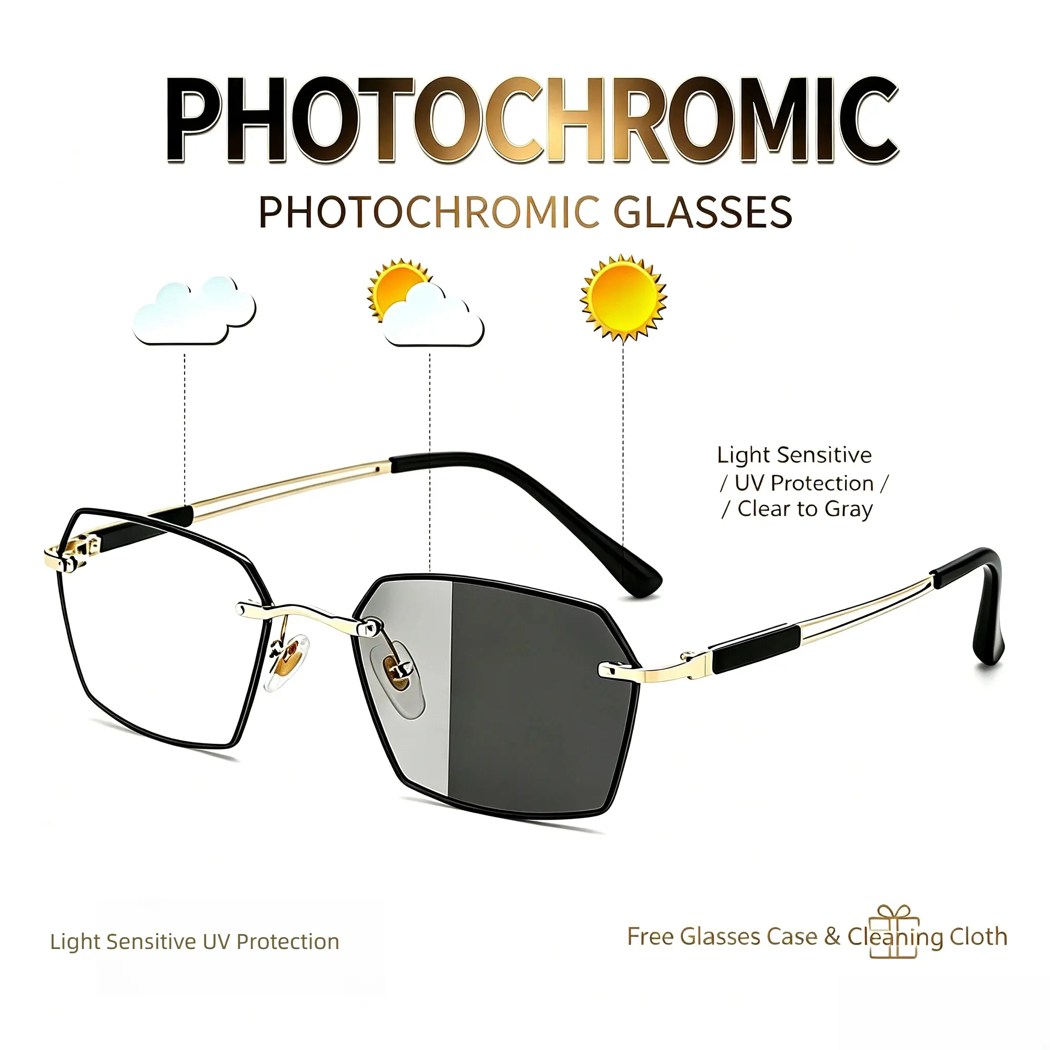 Photochromic Sunglasses 2-in-1 | Ultra-Light Rimless + Blue Light Blocking | Unisex for Work, Outdoors & Travel | FREE Case & Cleaning Cloth Included