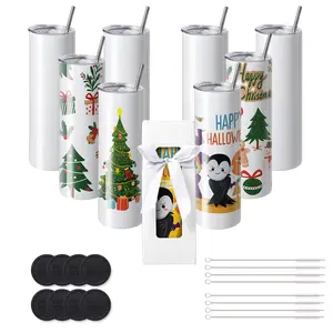 VEVOR 8 Pack 30 Oz Sublimation Tumblers,  Skinny Straight Stainless Steel Blanks Cups, Stainless Steel Double Wall Tumbler for Heat Transfer Customized Gifts with Lid and Straw, Gift Box Drinkware Flasks