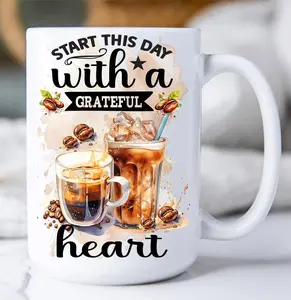 15 oz White Ceramic Printed "Start This Day Grateful" Spiritual Coffee Mug-Cup, Sturdy Reusable Kitchen Drinkware, Inspirational Saying for Coffee & Tea, Dishwasher Safe, Microwave Friendly