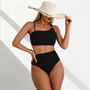 New Women'S Fashion Swimsuit, Black Two-Piece Set with Split, High Waist Pants, Elegant Beach Vacation Swimwear