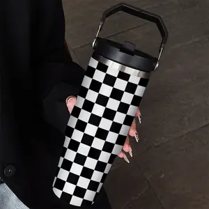 30oz Stainless Steel Insulated Travel Mug, Checkered Pattern with Straw, Ideal for Cold & Hot Drinks, Perfect Gift for Outdoor Use, Stainless Steel Thermos, Vacuum Insulated Flask