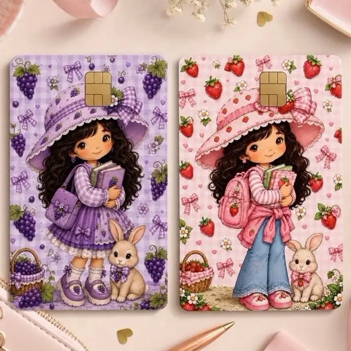 Girl's Strawberry & Grape Credit Card Skins - Premium Vinyl 3.37x2.125 in Glossy Laminated , Waterproof Card Stickers, Debit Card Skin, Card Sticker