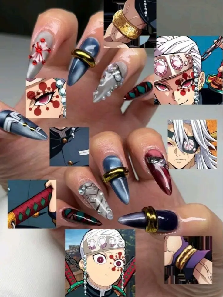 Uzui Tengen Press On Nails Handmade 3D Anime Nails Demon Slayer Kimetsu No Yaiba Cosplay Reusable False Nails Gift for Women | Free Adhesive Tabs Nail File Cuticle Stick