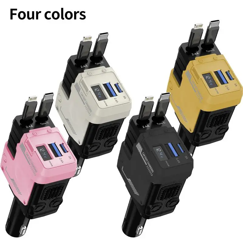 4 In 1 Fast Charging Car Charger with Dual Expansion Cable, Digital Display, Car Electrical Appliances Compatible with iPhone, Samsung & iPad