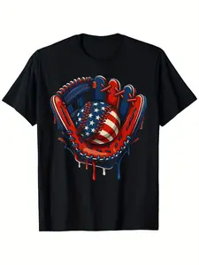 1Patriotic Baseball Glove T-Shirt - Graphic Design Featuring Red, Blue, and White Colors with Stars and Stripes, Dynamic Dripping Effect - Perfect Gift for Baseball Fans and National Pride Supporters