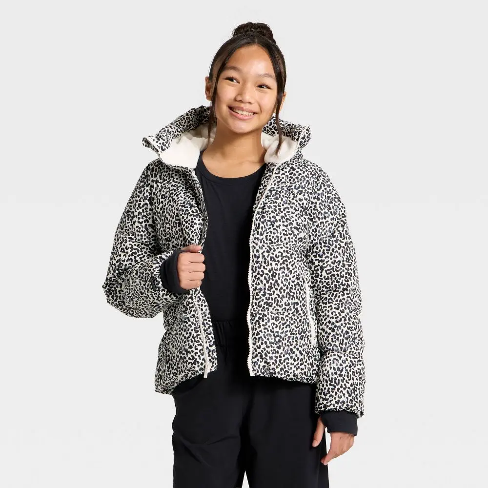 All In Motion Girls' Leopard Print Puffer Jacket - Water-Resistant Hooded Coat All In Motion Girls' Leopard Print Puffer Jacket - Water-Resistant Hooded Coat