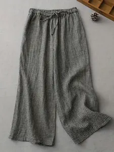 Women's Plaid Wide Leg Pants, Loose-Fit Casual Straight Leg Jeans, Pocket Elastic Waist, Comfortable Daily Wear, Home Sleepwear