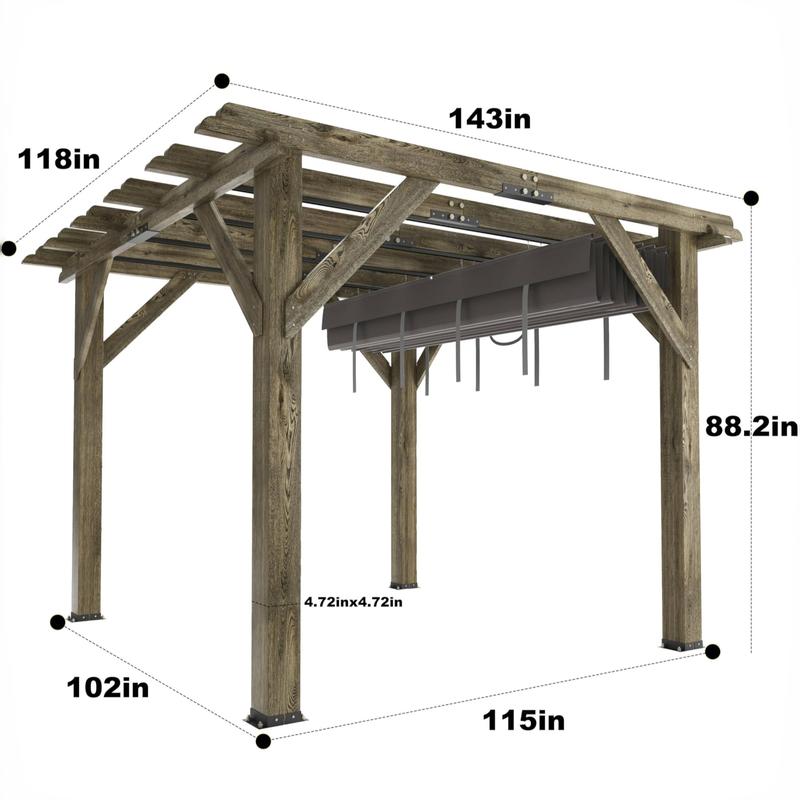 GARVEE 10 X 12 Ft Wood Pergola with Retractable Sunshade Canopy, Solid Structure, Outdoor Pergola for Deck, Garden, Backyard - Charcoal Gray