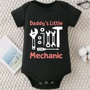 100% Cotton Baby Jumpsuit with Various Tool Patterns, Casual Versatile Round Neck, Triangle Jumpsuit for Outdoor, Dad's Small Mechanic Letter Print