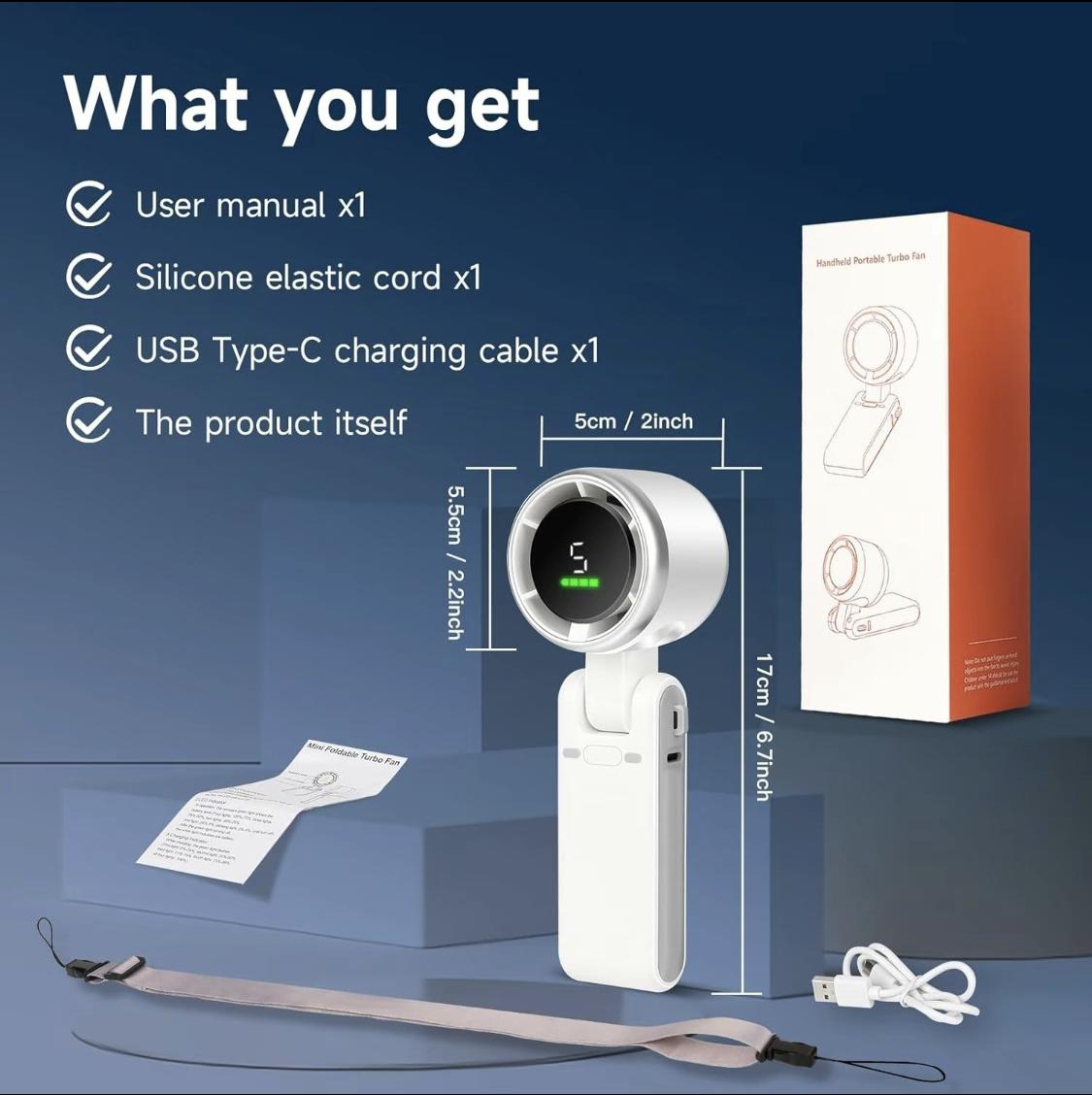 Portable Handheld Turbo Fan, 5 Gear Wind,4000mAh Battery Operated, Up to 10 Working Hours, 3 IN 1 Hand Fan Rechargeable with Air Turbo Tech Cooling Fan for Outdoor Activities, Travel, Working, Summer Selected Products