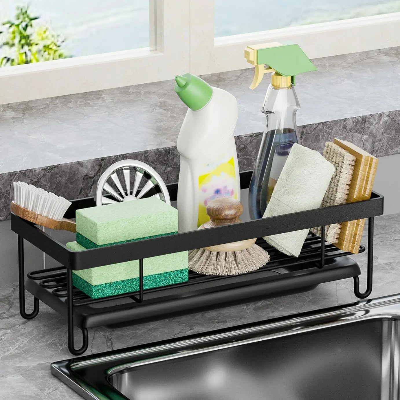 Sponge Holder for Kitchen Sink, Sink Organizer for Brush, Soap Dish Dispenser, Storage Rack for Kitchen Bathroom Counter, Summer for Gift