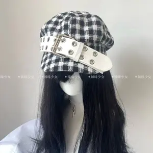 Super unique black and white checkered belt artist hat, Y2K subculture newsboy cap, beret that makes the face look smaller